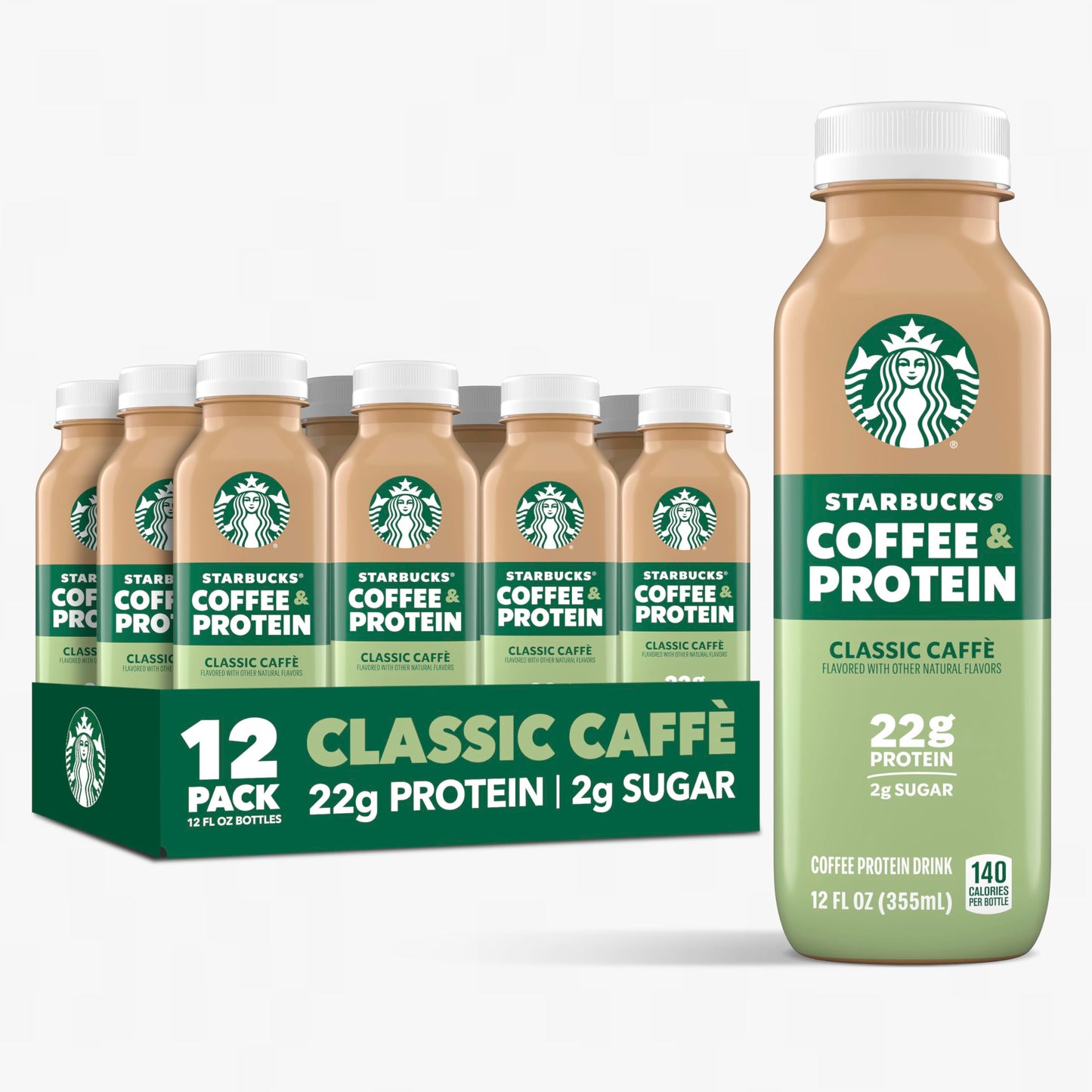 Starbucks Coffee & Protein, Caffe Mocha, 12 fl oz Bottles, (12 Pack), 22g Protein, 2g Sugar, No Added Sugar, 5g Prebiotic Fiber, High Protein Iced Coffee