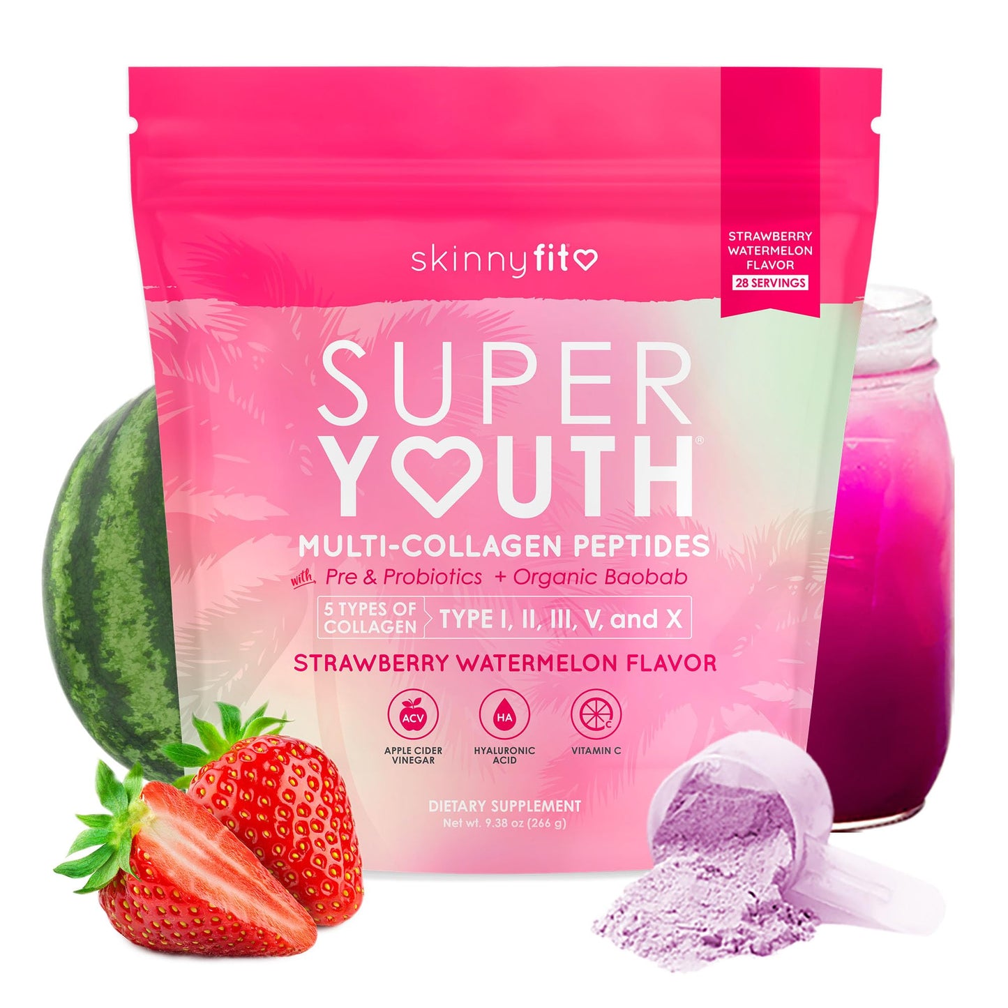 SkinnyFit Super Youth Collagen for Women, Limited Edition Berberine Formula, Multi Collagen Peptides, Baobab Fiber, 13-Strain Probiotics, Hyaluronic Acid, Sugar-Free, Tropical Punch (28 Servings)
