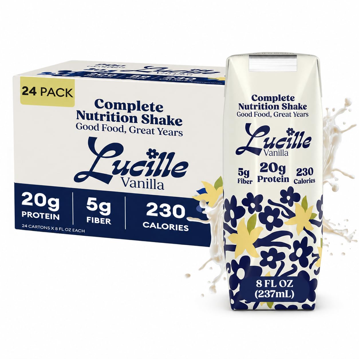 Lucille Meal Replacement Shake for Adults, Chocolate, 8 oz, 12 Pk | High Protein Drink, Complete Nutrition, 20g Protein, 6g Fiber, 240 Calories, 23 Vitamins + Mins, Lactose Free, Gluten Free