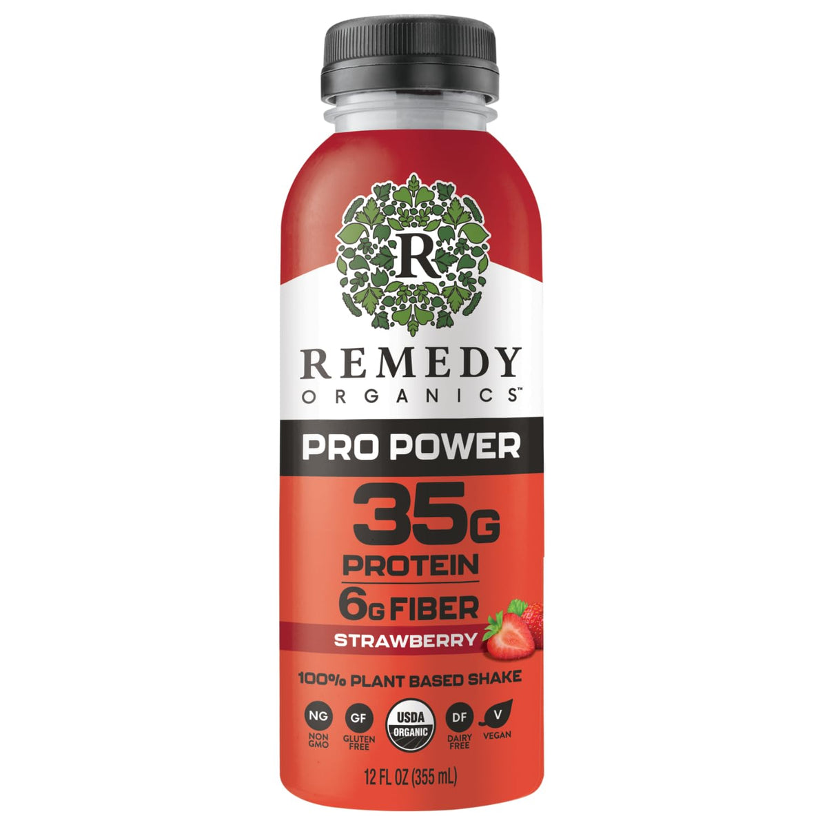 Remedy Organics Organic Strawberry Pro Power 35g Protein Shake, 12 Fl Oz | Plant Based Protein Shakes, Ready to Drink | USDA Organic, Gluten Free, Dairy Free, Soy Free | 12 Pack