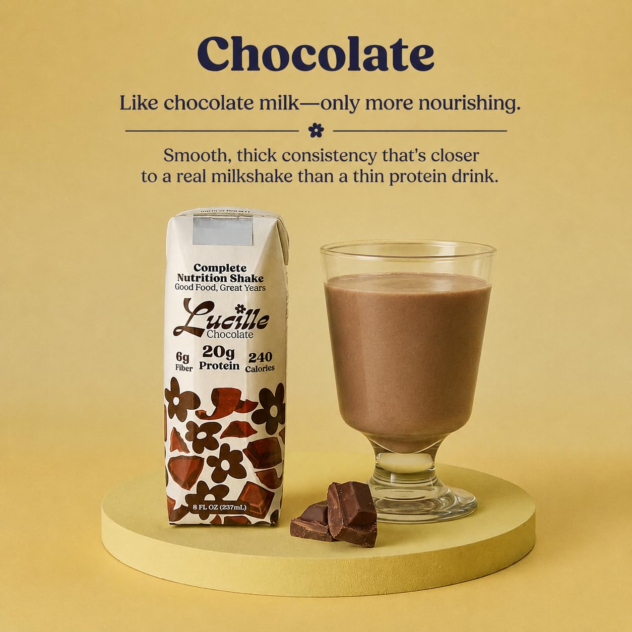 Lucille Meal Replacement Shake for Adults, Chocolate, 8 oz, 12 Pk | High Protein Drink, Complete Nutrition, 20g Protein, 6g Fiber, 240 Calories, 23 Vitamins + Mins, Lactose Free, Gluten Free