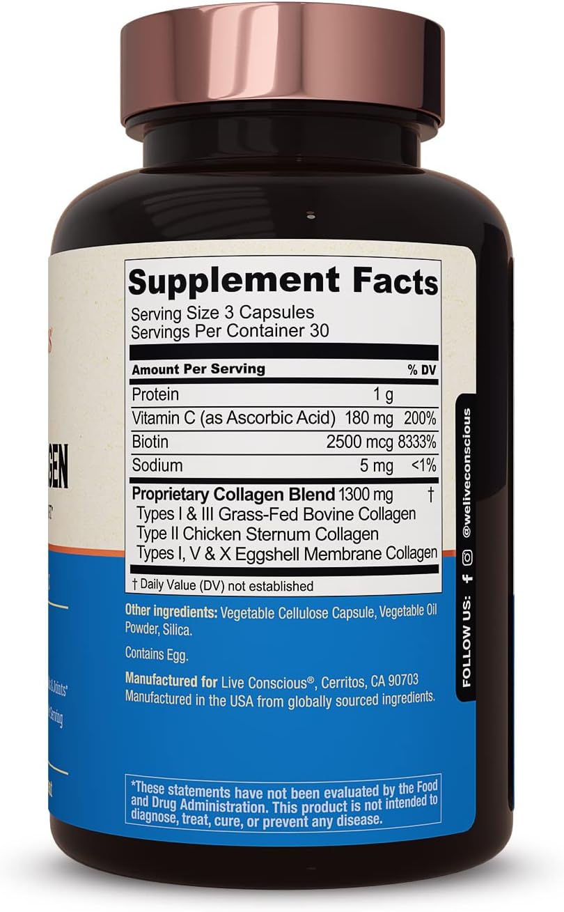 Live Conscious Beyond Collagen Multi Collagen Capsules - Types I, II, III, V & X | Hydrolyzed Blend with Biotin & Vitamin C for Hair, Skin, Nails 90 Capsules (2-Pack)