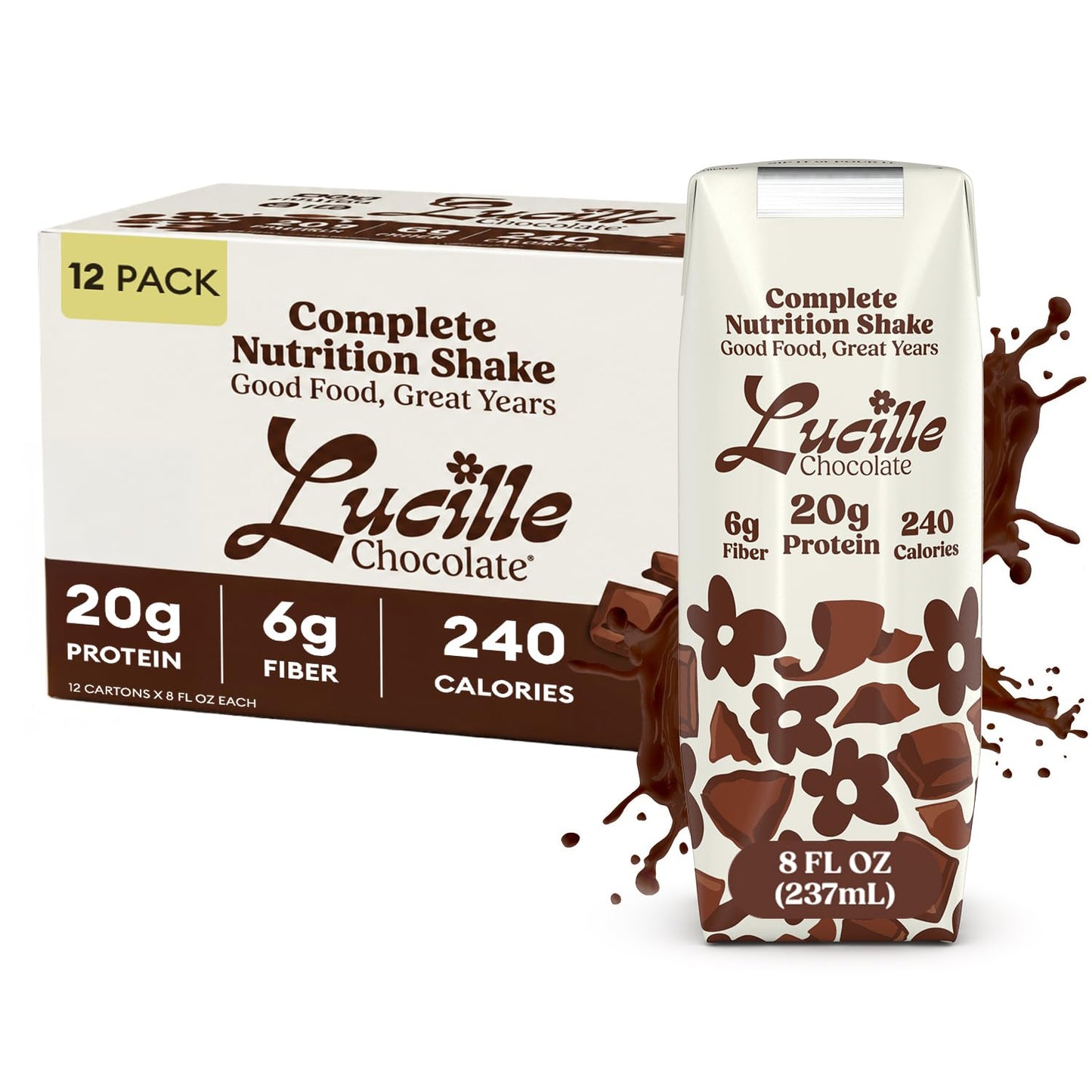 Lucille Meal Replacement Shake for Adults, Chocolate, 8 oz, 12 Pk | High Protein Drink, Complete Nutrition, 20g Protein, 6g Fiber, 240 Calories, 23 Vitamins + Mins, Lactose Free, Gluten Free