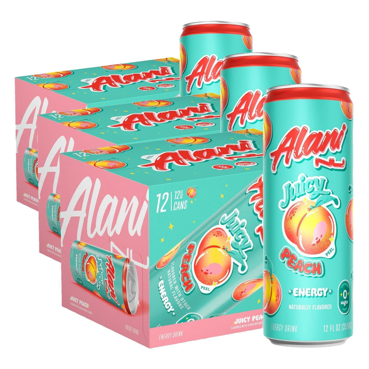 Alani Nu JUICY PEACH, Sugar Free, Low Calorie Energy Drinks, 200mg Caffeine, Biotin, B Vitamins, Zero Sugar, 10 Calories, 12 Fl Oz Cans, 24 Pack