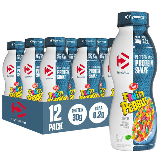 Dymatize Performance Protein Shake, Fruity Pebbles, 30g Protein, 6.2g BCAA for Muscle Recovery, No Added Sugar, Low Fat, 24 Vitamins and Minerals, Gluten-Free, Ready to Drink, On-the-Go Snack, 11.5fl oz, 12 pack