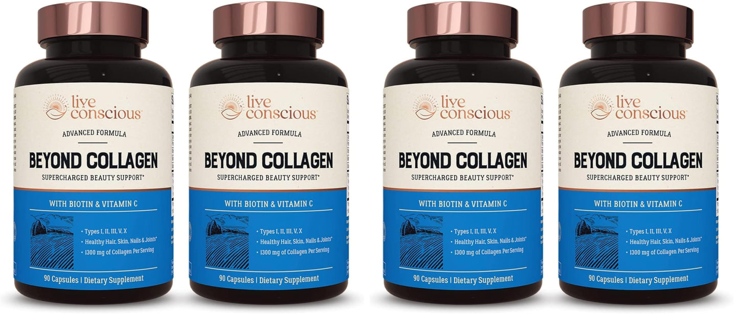 Live Conscious Beyond Collagen Multi Collagen Capsules - Types I, II, III, V & X | Hydrolyzed Blend with Biotin & Vitamin C for Hair, Skin, Nails 90 Capsules (2-Pack)