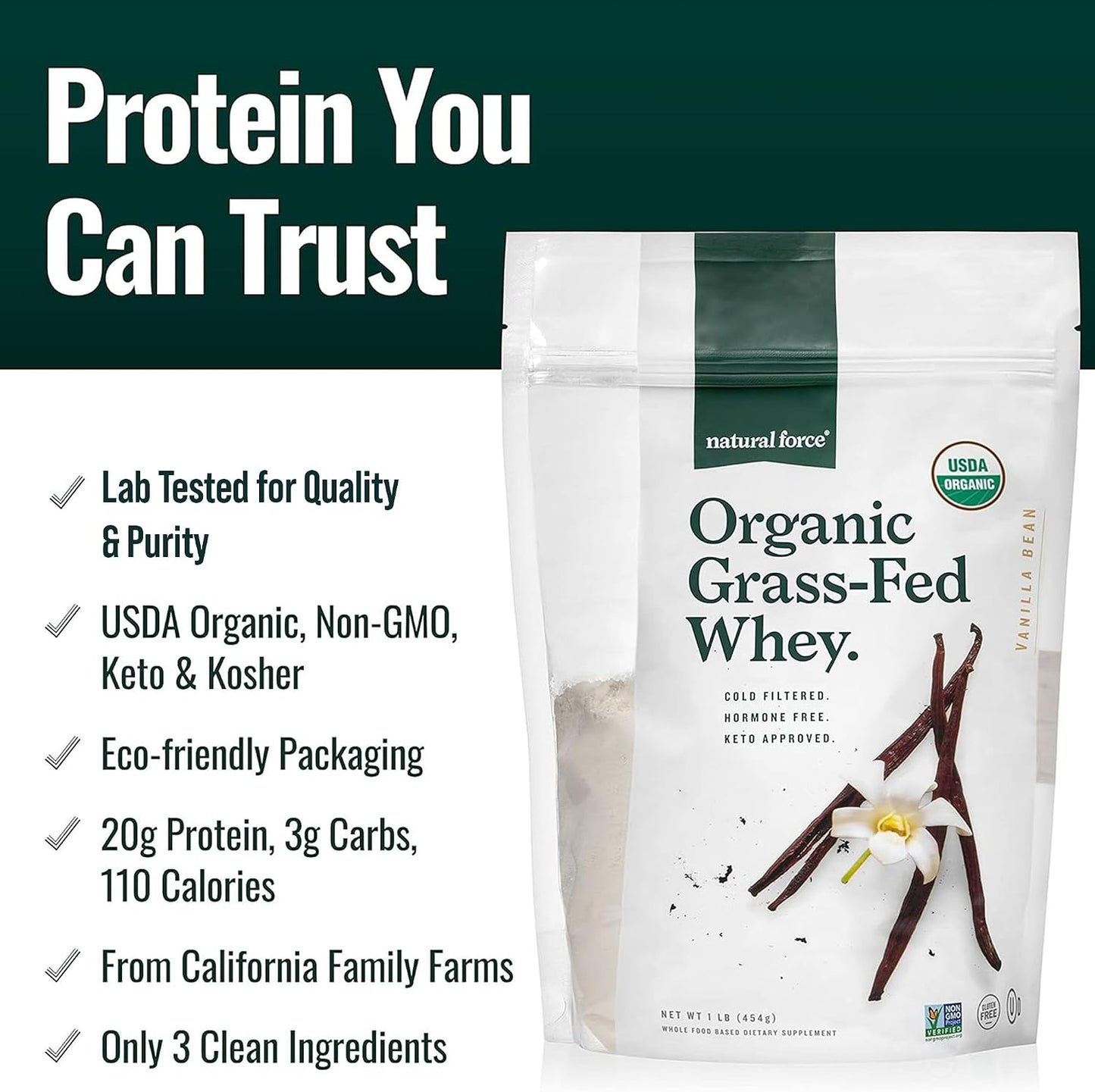 Natural Force Grass Fed Organic Whey Protein Powder – Non GMO Verified, Humane Certified & Lab Tested for Toxins – Real Vanilla Flavor – Keto Friendly, Low Carb, and Kosher - 16 Ounce A2 Protein