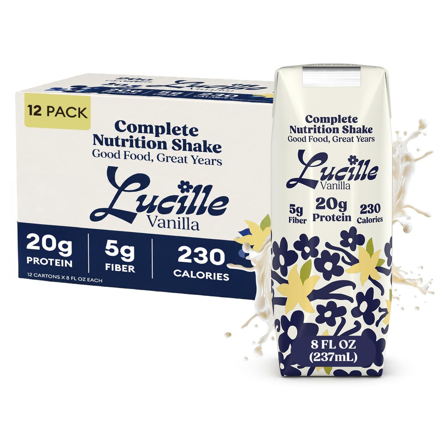 Lucille Meal Replacement Shake for Adults, Chocolate, 8 oz, 12 Pk | High Protein Drink, Complete Nutrition, 20g Protein, 6g Fiber, 240 Calories, 23 Vitamins + Mins, Lactose Free, Gluten Free