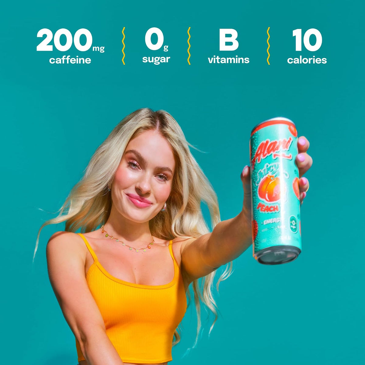 Alani Nu JUICY PEACH, Sugar Free, Low Calorie Energy Drinks, 200mg Caffeine, Biotin, B Vitamins, Zero Sugar, 10 Calories, 12 Fl Oz Cans, 24 Pack