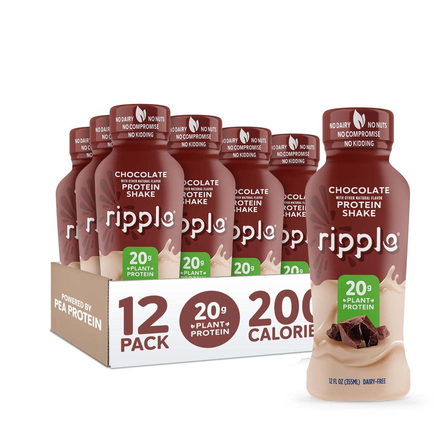 Ripple Vanilla Plant Based Protein Shake | 20g of Quality Sourced Pea Protein, Calcium & Iron Rich | Shelf Stable | Vegan & Non GMO | Dairy, Soy, Nut, & Gluten Free | 12 Fl Oz Bottles (Pack of 12)