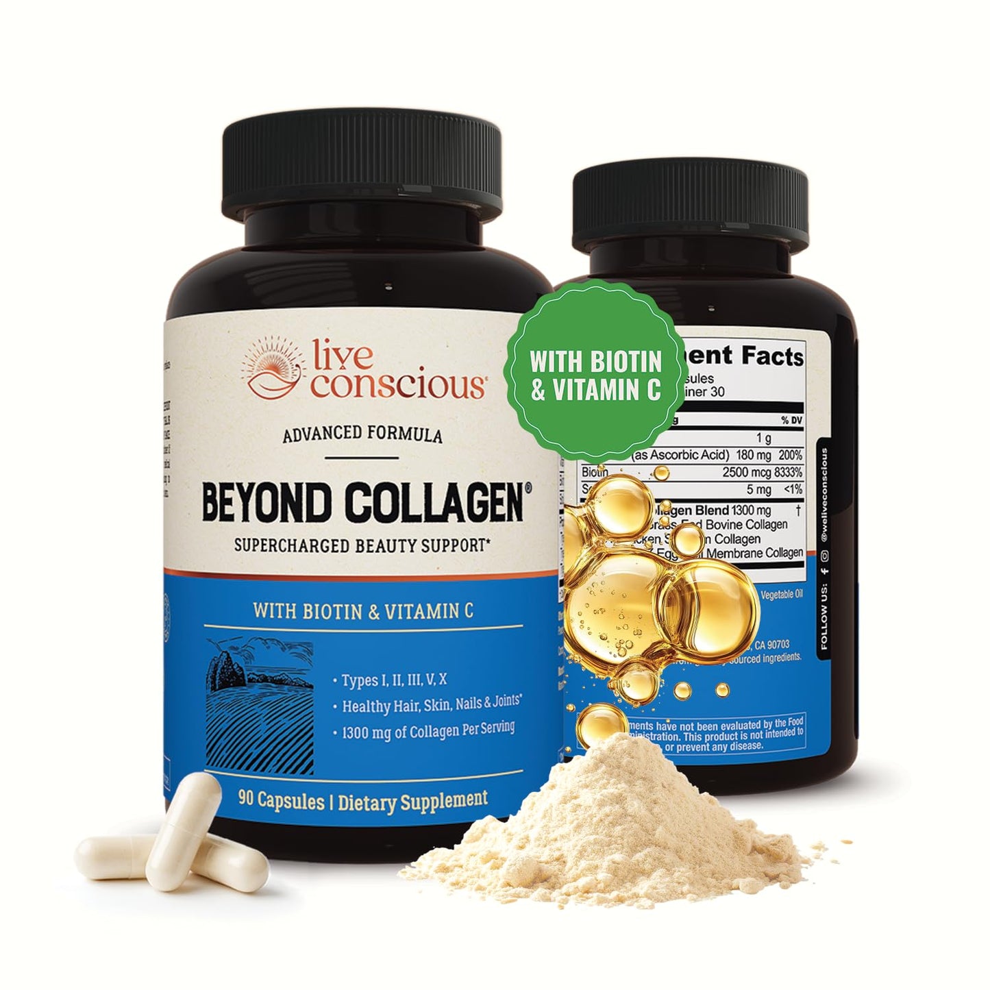 Live Conscious Beyond Collagen Multi Collagen Capsules - Types I, II, III, V & X | Hydrolyzed Blend with Biotin & Vitamin C for Hair, Skin, Nails 90 Capsules (2-Pack)