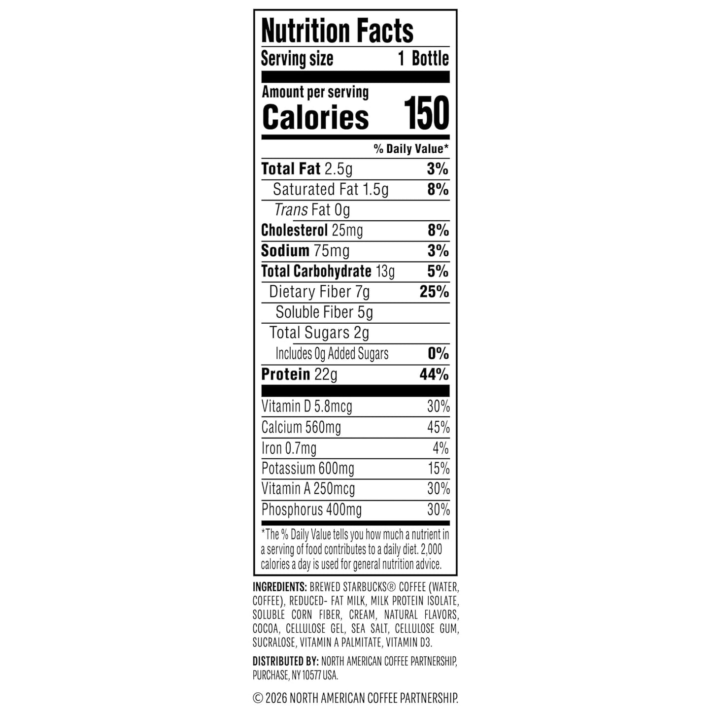 Starbucks Coffee & Protein, Caffe Mocha, 12 fl oz Bottles, (12 Pack), 22g Protein, 2g Sugar, No Added Sugar, 5g Prebiotic Fiber, High Protein Iced Coffee