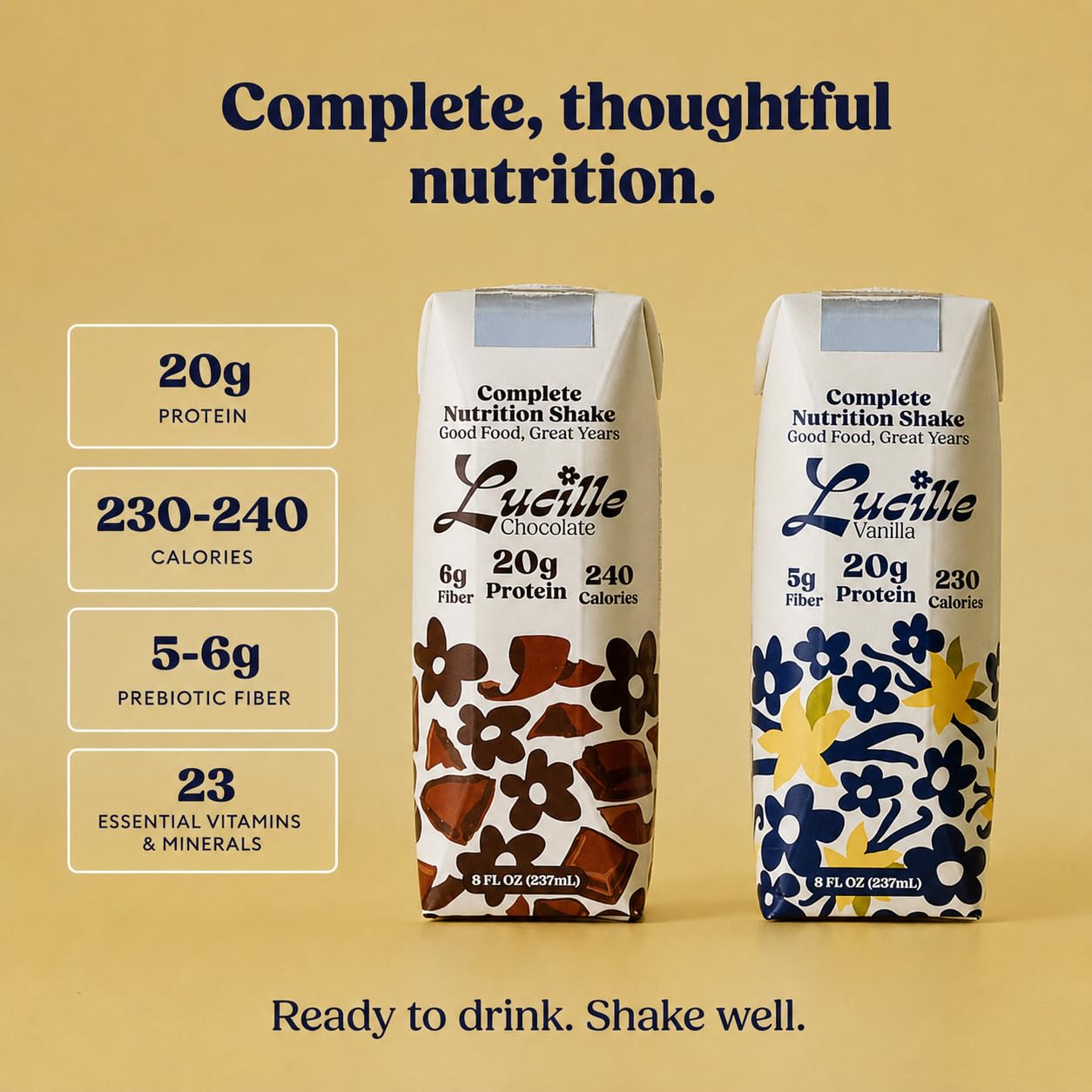 Lucille Meal Replacement Shake for Adults, Chocolate, 8 oz, 12 Pk | High Protein Drink, Complete Nutrition, 20g Protein, 6g Fiber, 240 Calories, 23 Vitamins + Mins, Lactose Free, Gluten Free