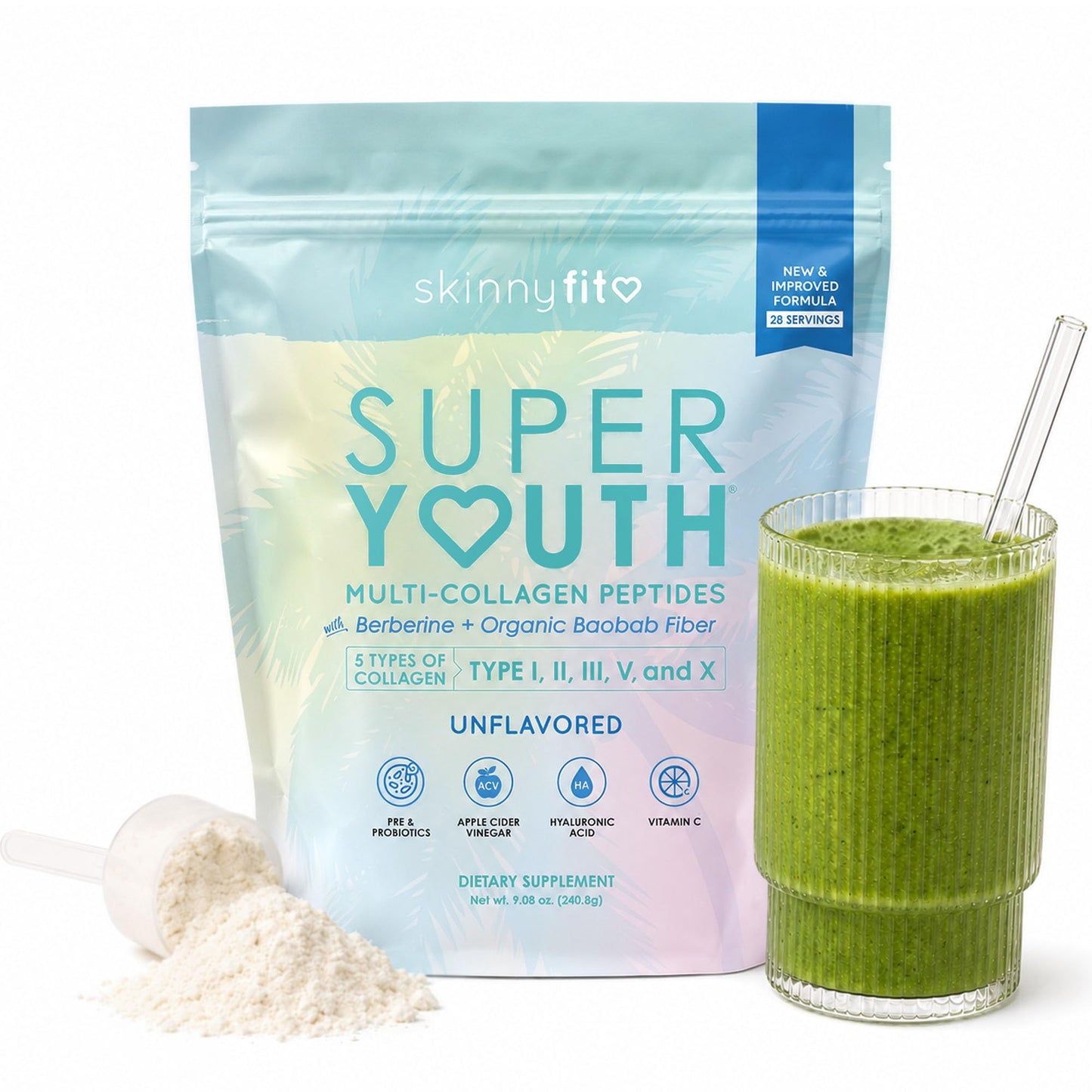 SkinnyFit Super Youth Collagen for Women, Limited Edition Berberine Formula, Multi Collagen Peptides, Baobab Fiber, 13-Strain Probiotics, Hyaluronic Acid, Sugar-Free, Tropical Punch (28 Servings)