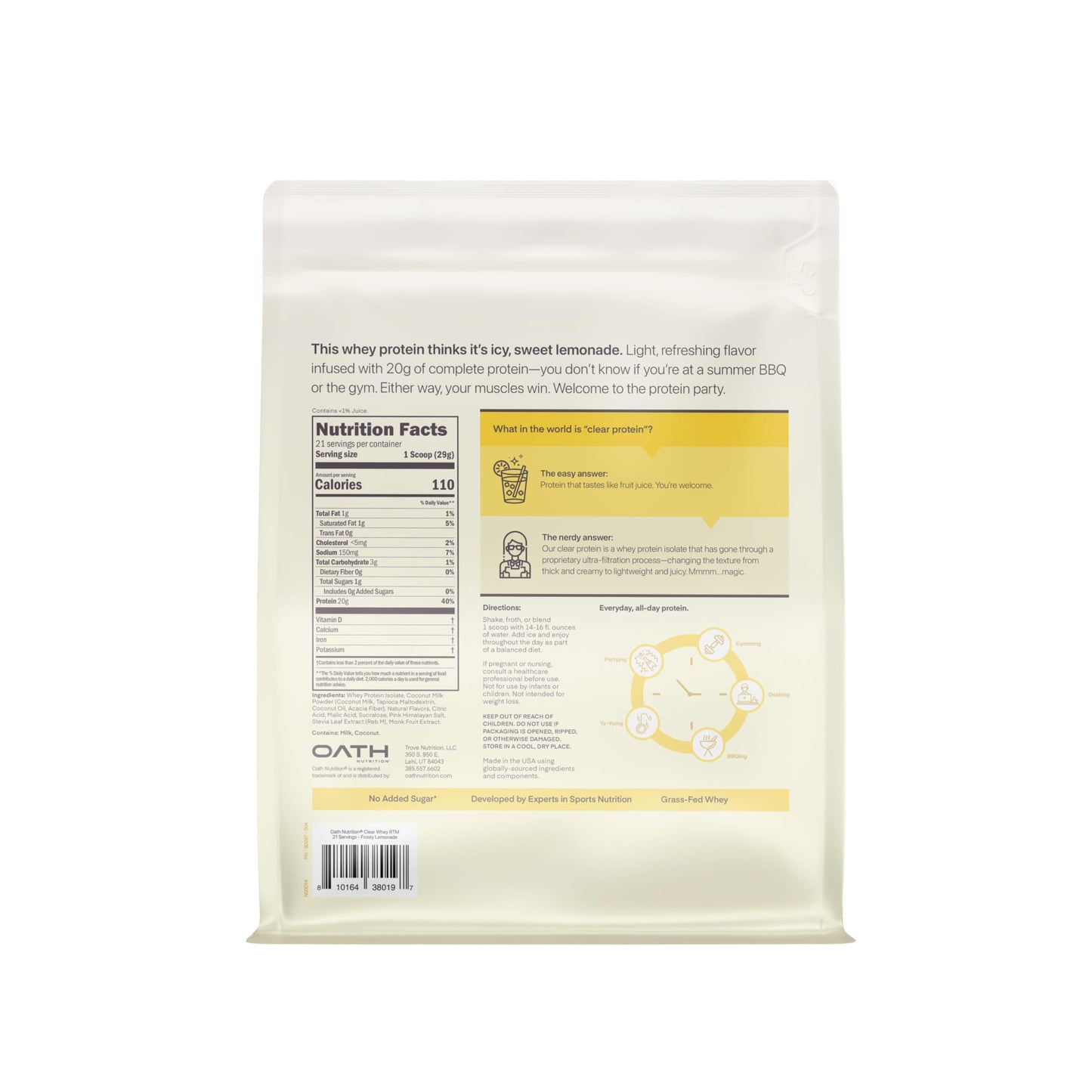 Oath Nutrition Clear Whey Isolate Protein Powder, Coconut Colada, 20g Complete Protein per Serving, No Added Sugar, Grass-Fed, 21 Servings
