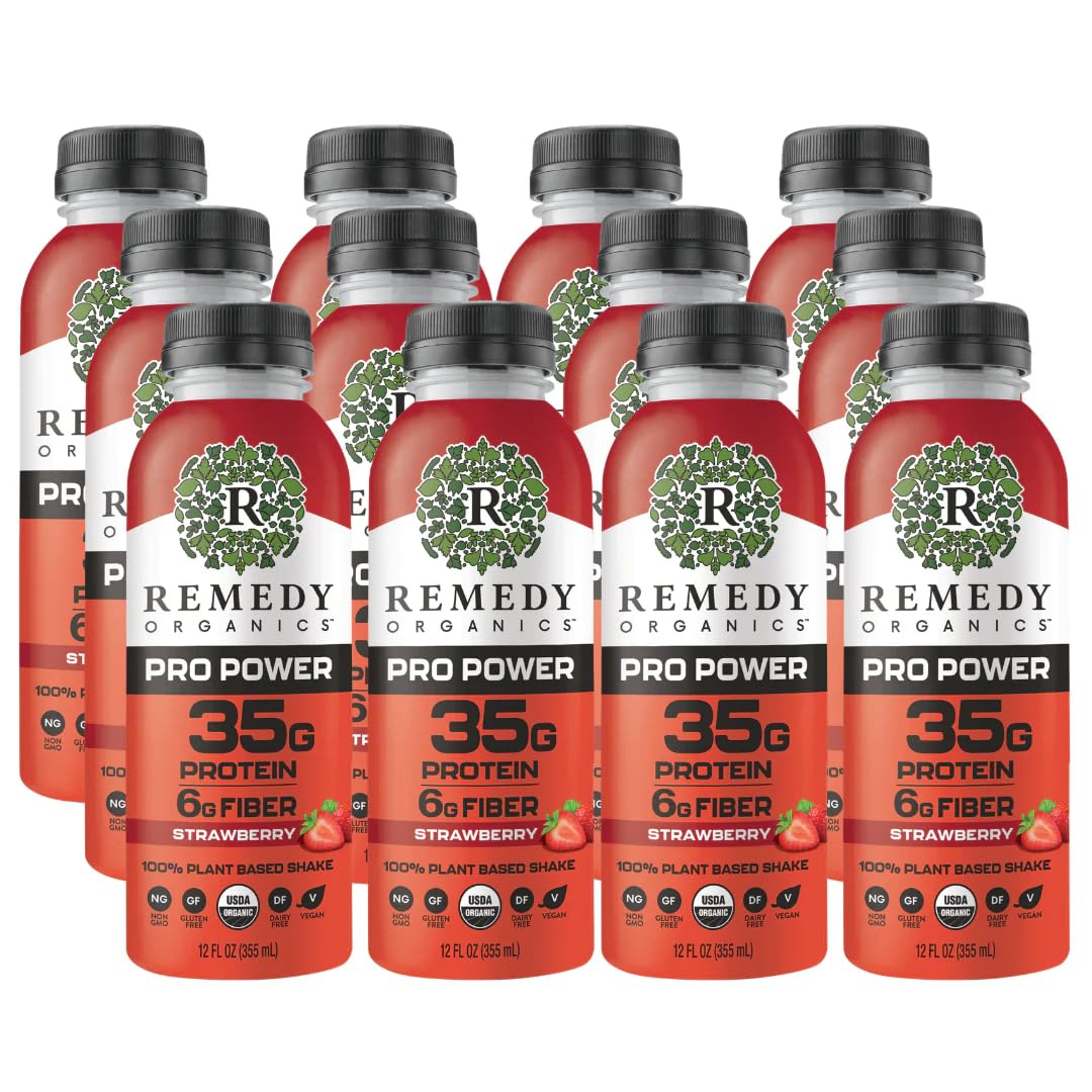 Remedy Organics Organic Strawberry Pro Power 35g Protein Shake, 12 Fl Oz | Plant Based Protein Shakes, Ready to Drink | USDA Organic, Gluten Free, Dairy Free, Soy Free | 12 Pack