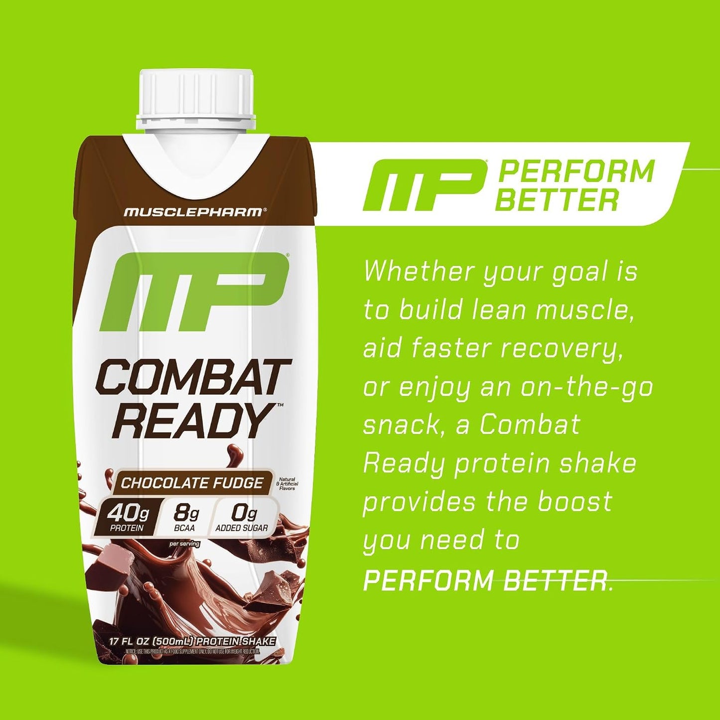 MusclePharm Combat Ready Protein Shake Chocolate Fudge Flavor - Pack of 12 | Chocolate Fudge Flavor, 40g Protein, BCAAs, Glutamine, 7g Fiber, No Added Sugar, Gluten Free Protein Shake