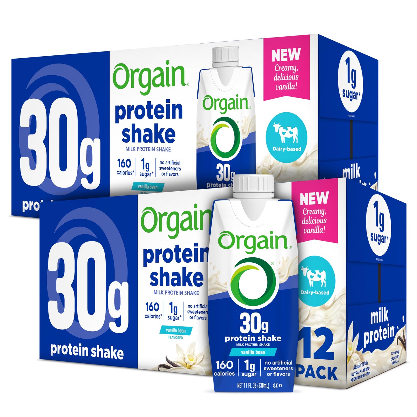 Orgain 30g High Protein Dairy Shake, 5g BCAAs, Chocolate, 11 oz, 12pk | Ready to drink dairy isolate milk protein, meal replacement, 1g sugar per serving, keto friendly, gluten free