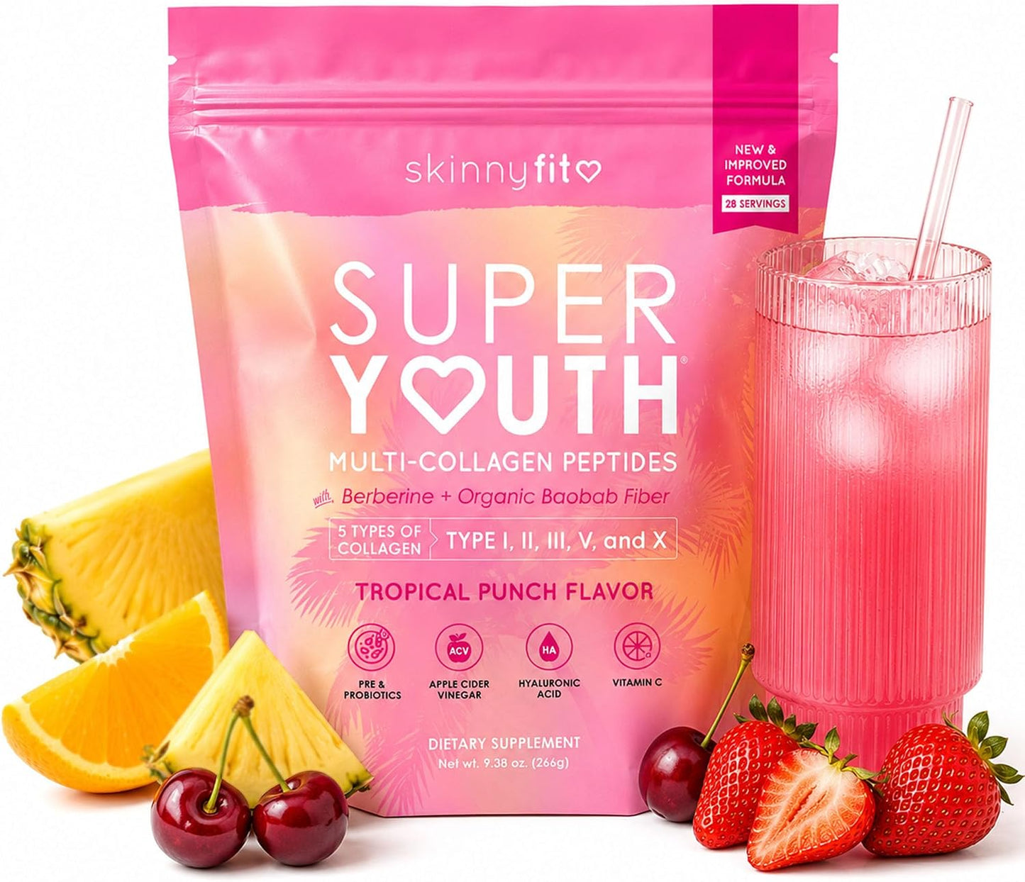 SkinnyFit Super Youth Collagen for Women, Limited Edition Berberine Formula, Multi Collagen Peptides, Baobab Fiber, 13-Strain Probiotics, Hyaluronic Acid, Sugar-Free, Tropical Punch (28 Servings)