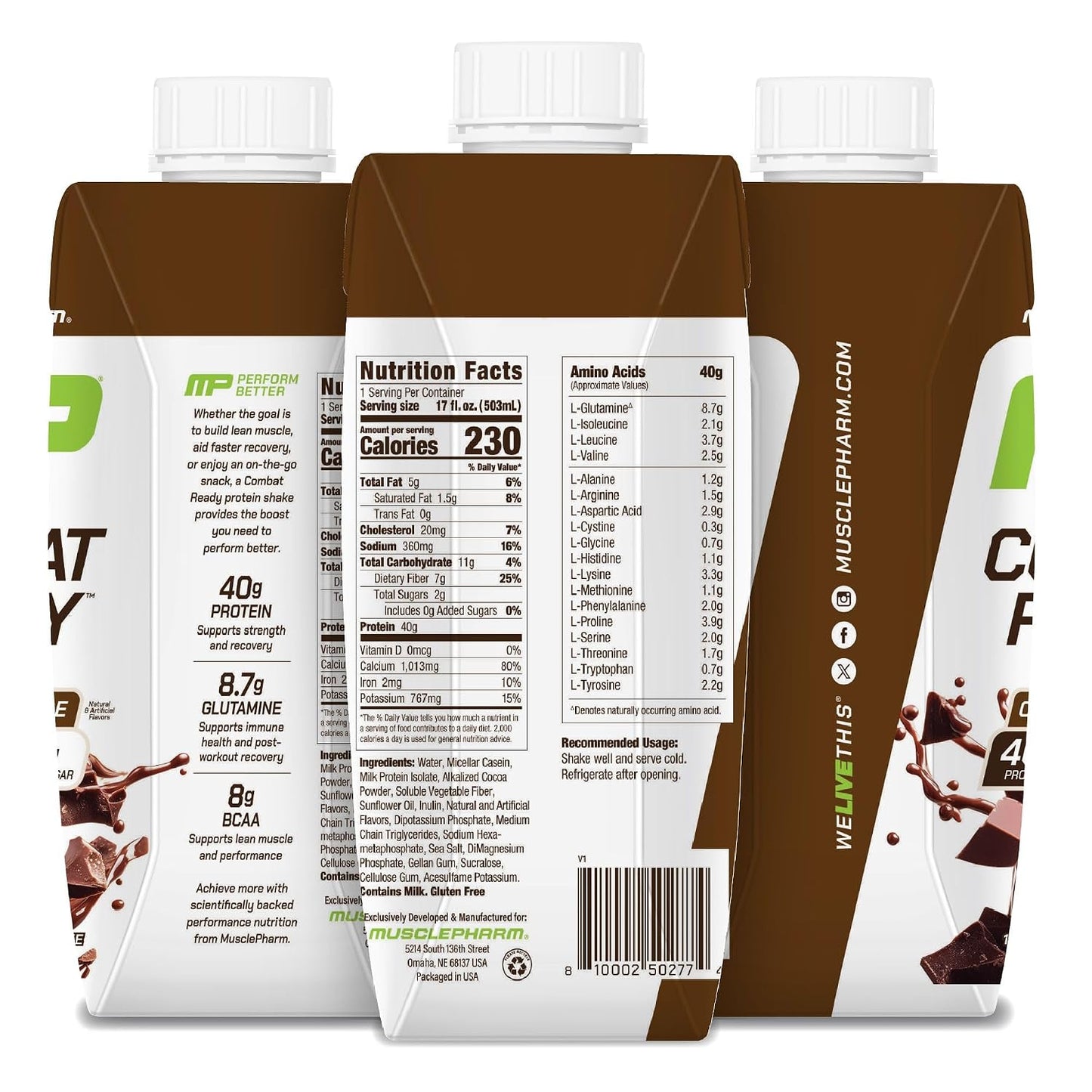 MusclePharm Combat Ready Protein Shake Chocolate Fudge Flavor - Pack of 12 | Chocolate Fudge Flavor, 40g Protein, BCAAs, Glutamine, 7g Fiber, No Added Sugar, Gluten Free Protein Shake