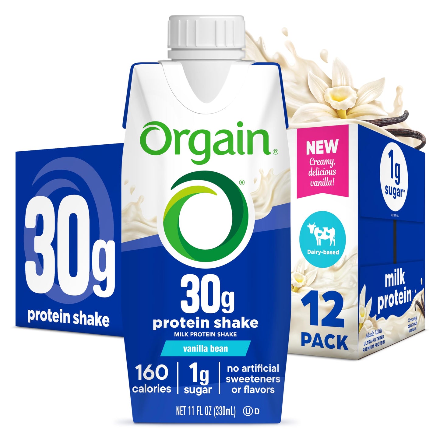 Orgain 30g High Protein Dairy Shake, 5g BCAAs, Chocolate, 11 oz, 12pk | Ready to drink dairy isolate milk protein, meal replacement, 1g sugar per serving, keto friendly, gluten free