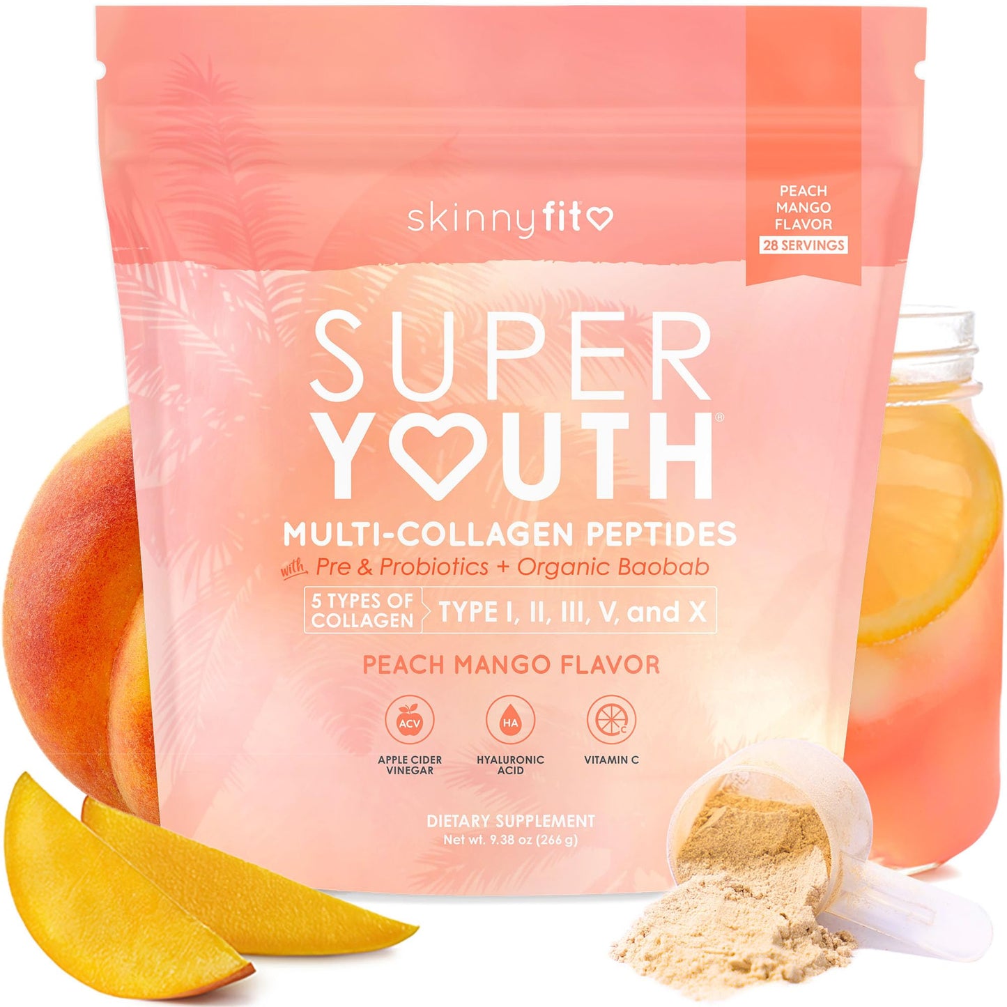 SkinnyFit Super Youth Collagen for Women, Limited Edition Berberine Formula, Multi Collagen Peptides, Baobab Fiber, 13-Strain Probiotics, Hyaluronic Acid, Sugar-Free, Tropical Punch (28 Servings)
