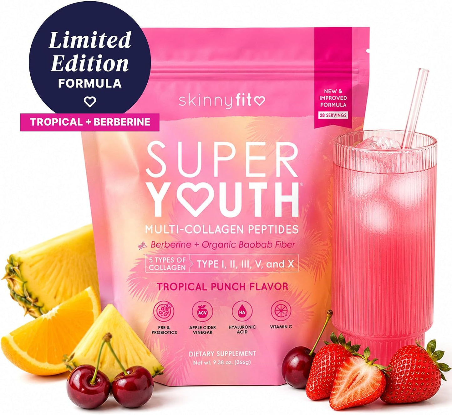 SkinnyFit Super Youth Collagen for Women, Limited Edition Berberine Formula, Multi Collagen Peptides, Baobab Fiber, 13-Strain Probiotics, Hyaluronic Acid, Sugar-Free, Tropical Punch (28 Servings)