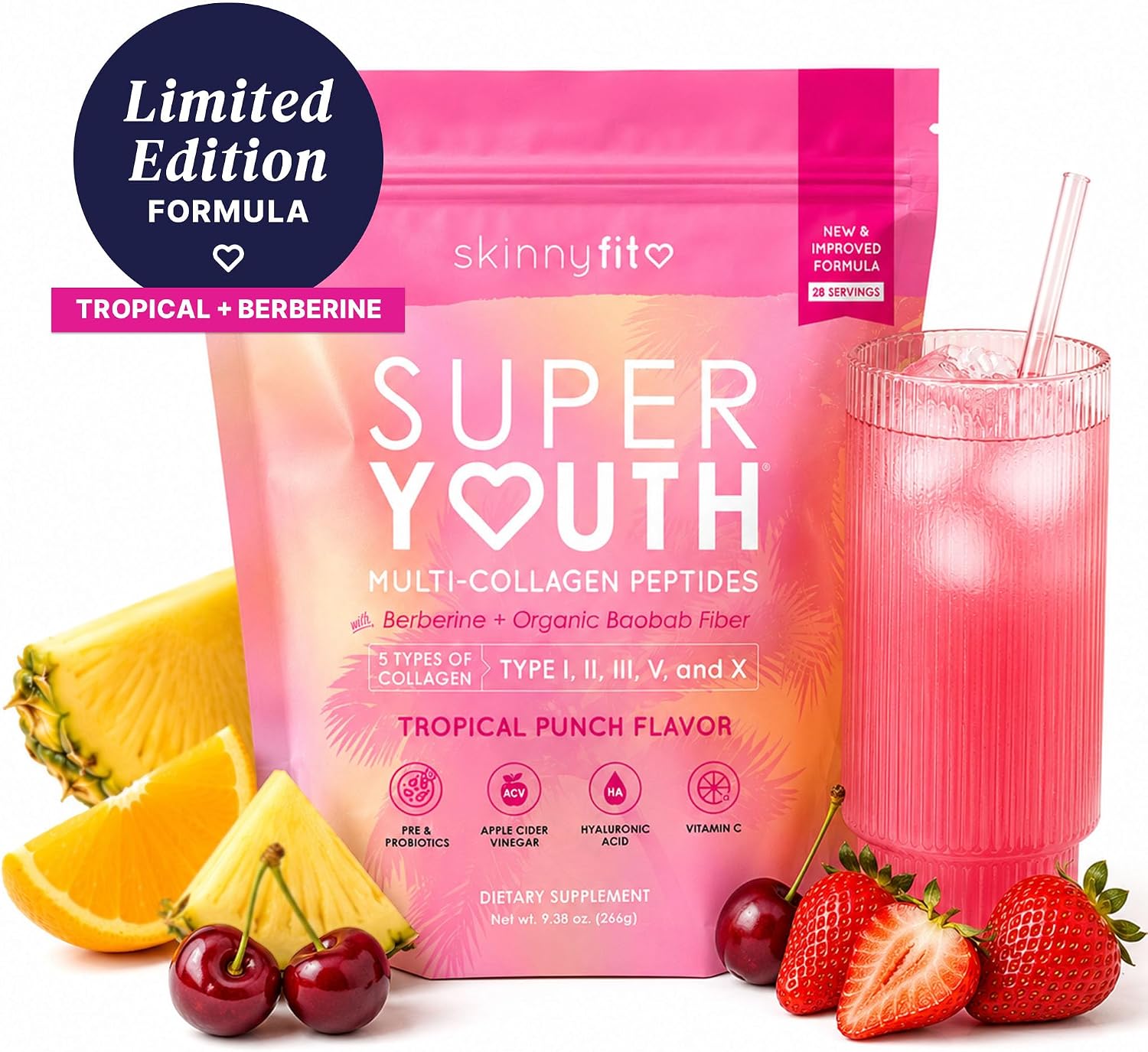 SkinnyFit Super Youth Collagen for Women, Limited Edition Berberine Formula, Multi Collagen Peptides, Baobab Fiber, 13-Strain Probiotics, Hyaluronic Acid, Sugar-Free, Tropical Punch (28 Servings)