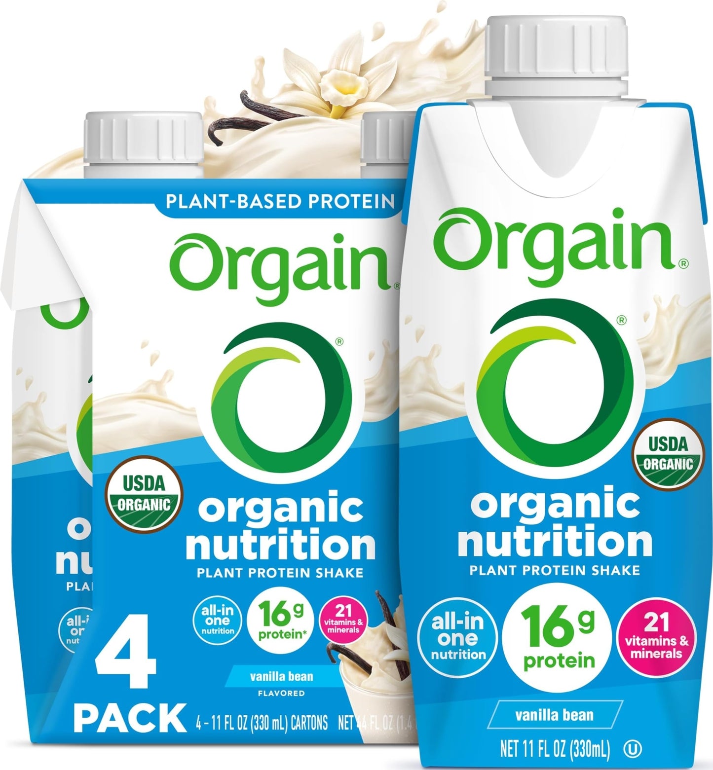 Orgain Organic Nutritional Vegan 16g Protein Shake, Vanilla, 11 oz, 12pk | Ready to drink plant based protein, meal replacement, 21 vitamins & minerals, fruits & vegetables, non-GMO, gluten-free