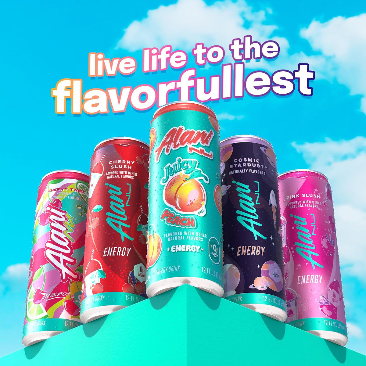 Alani Nu JUICY PEACH, Sugar Free, Low Calorie Energy Drinks, 200mg Caffeine, Biotin, B Vitamins, Zero Sugar, 10 Calories, 12 Fl Oz Cans, 24 Pack