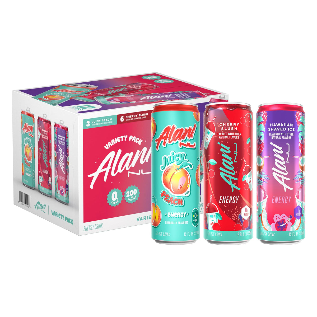 Alani Nu JUICY PEACH, Sugar Free, Low Calorie Energy Drinks, 200mg Caffeine, Biotin, B Vitamins, Zero Sugar, 10 Calories, 12 Fl Oz Cans, 24 Pack