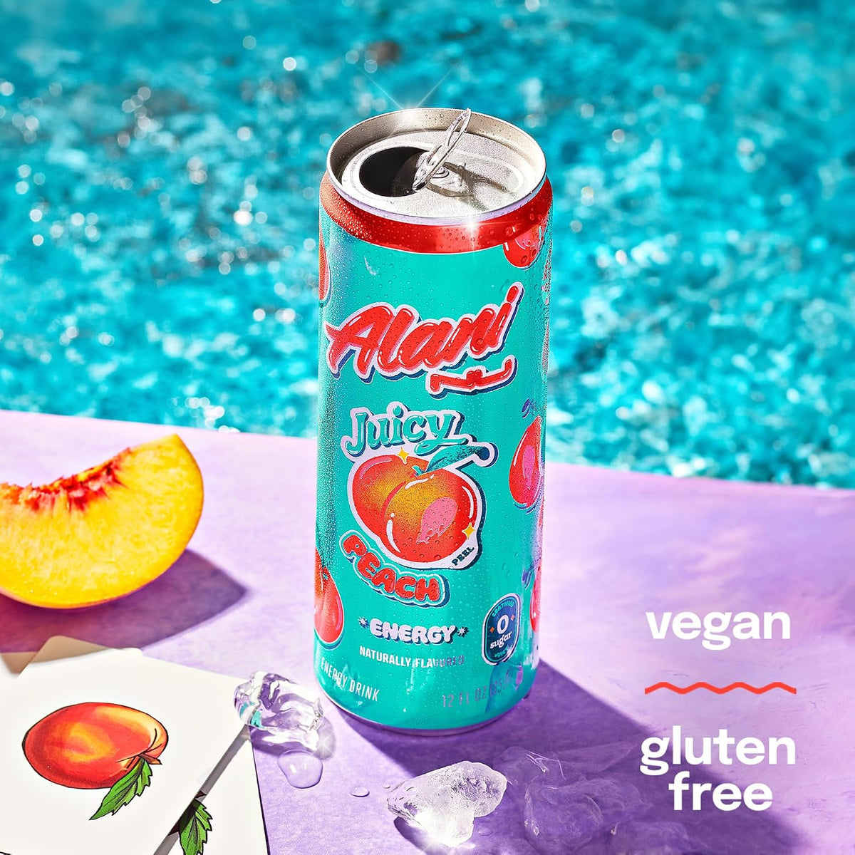 Alani Nu JUICY PEACH, Sugar Free, Low Calorie Energy Drinks, 200mg Caffeine, Biotin, B Vitamins, Zero Sugar, 10 Calories, 12 Fl Oz Cans, 24 Pack