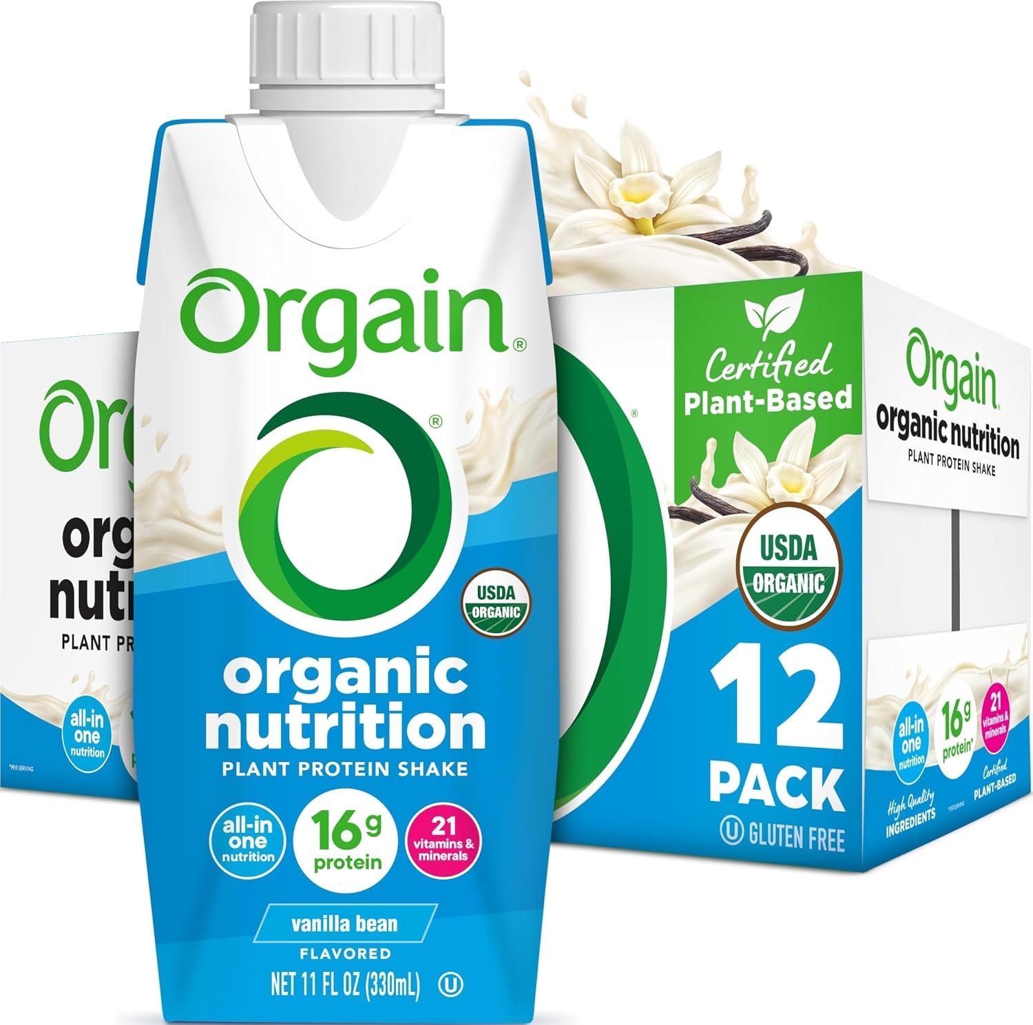 Orgain Organic Nutritional Vegan 16g Protein Shake, Vanilla, 11 oz, 12pk | Ready to drink plant based protein, meal replacement, 21 vitamins & minerals, fruits & vegetables, non-GMO, gluten-free