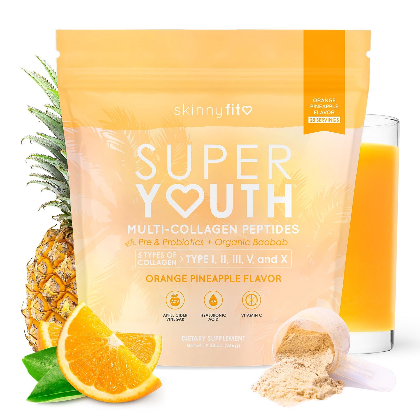 SkinnyFit Super Youth Collagen for Women, Limited Edition Berberine Formula, Multi Collagen Peptides, Baobab Fiber, 13-Strain Probiotics, Hyaluronic Acid, Sugar-Free, Tropical Punch (28 Servings)