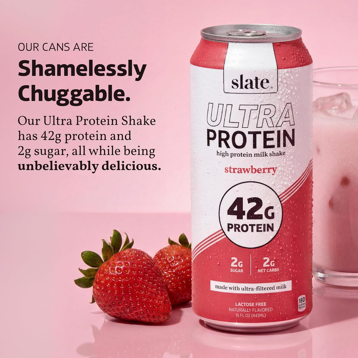 Slate Milk -Ultra Protein Shake-Strawberry-42g Protein,1g Sugar,180 Calories,1g Net Carbs-Lactose Free,No Added Sugar-Made with Ultra Filtered Milk- Breakfast Boost,Post Workout- 15 fl oz,12 Cans