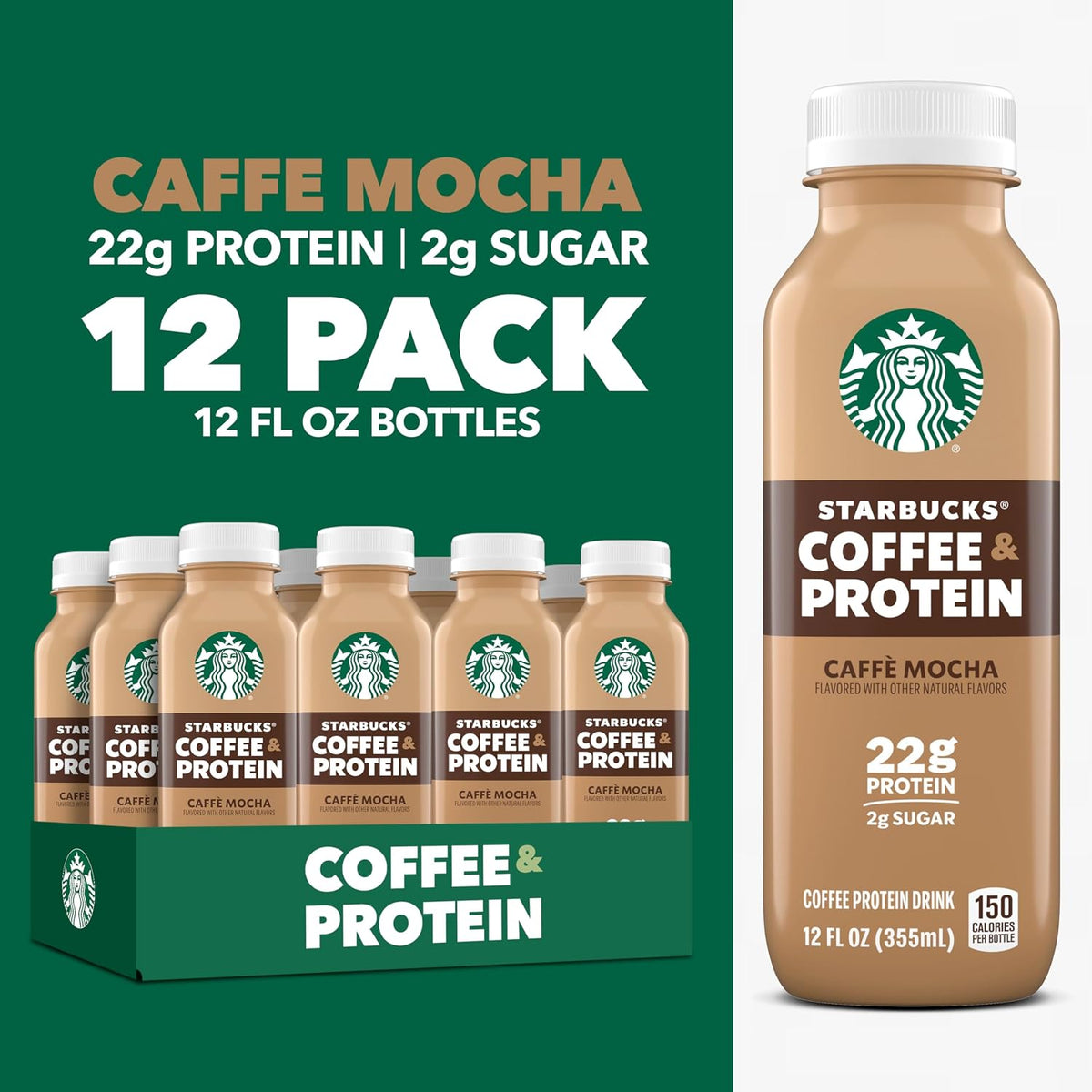 Starbucks Coffee & Protein, Caffe Mocha, 12 fl oz Bottles, (12 Pack), 22g Protein, 2g Sugar, No Added Sugar, 5g Prebiotic Fiber, High Protein Iced Coffee