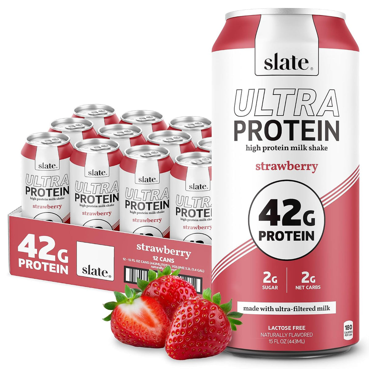 Slate Milk -Ultra Protein Shake-Strawberry-42g Protein,1g Sugar,180 Calories,1g Net Carbs-Lactose Free,No Added Sugar-Made with Ultra Filtered Milk- Breakfast Boost,Post Workout- 15 fl oz,12 Cans