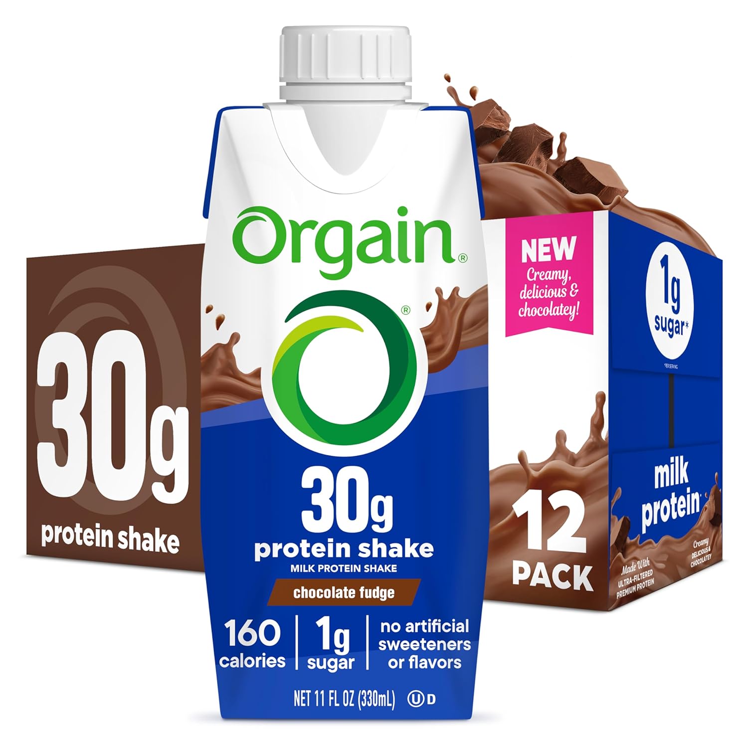 Orgain 30g High Protein Dairy Shake, 5g BCAAs, Chocolate, 11 oz, 12pk | Ready to drink dairy isolate milk protein, meal replacement, 1g sugar per serving, keto friendly, gluten free