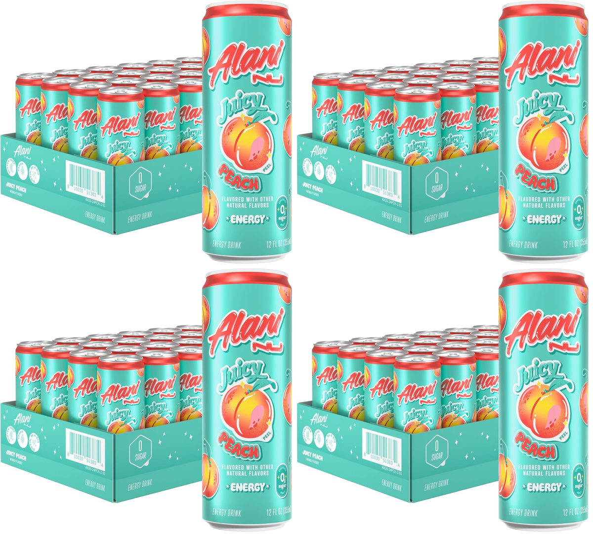 Alani Nu JUICY PEACH, Sugar Free, Low Calorie Energy Drinks, 200mg Caffeine, Biotin, B Vitamins, Zero Sugar, 10 Calories, 12 Fl Oz Cans, 24 Pack